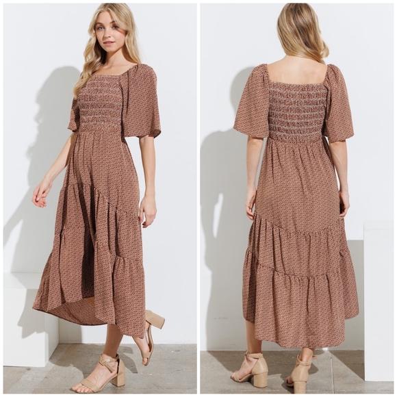 FEW LEFT ! POLAGRAM Chic Rusted Brown Short Bell Sleeves Maxi Dress - Picture 5 of 6
